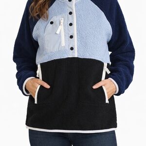 Women's Colorblock Sherpa Bomber Jacket - Light Blue, Navy & Black